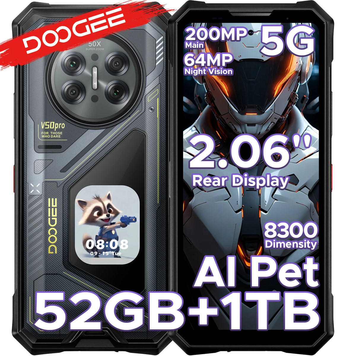 DOOGEE V50 Pro 5G AI Rugged Phone 6.78" Dimensity 8300 52GB RAM(16+36) 1TB ROM with 2.06" AMOLED Multi-function Rear Display 200MP Camera 64MP Night Vision Camera Android 16 Supports Walkie Talkie