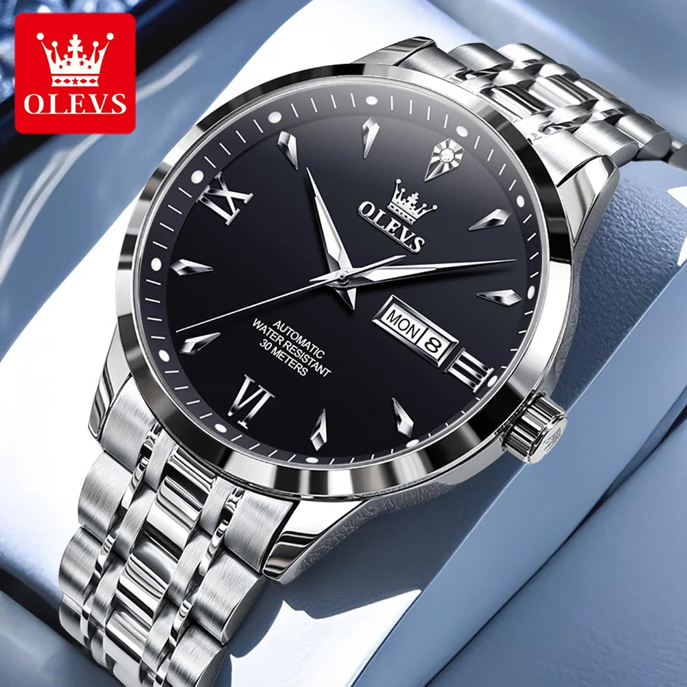 Reloj mecánico automático OLEVS 9956 para hombre, de acero inoxidable, resistente al agua, con fecha y día, versión de lujo original mejorada