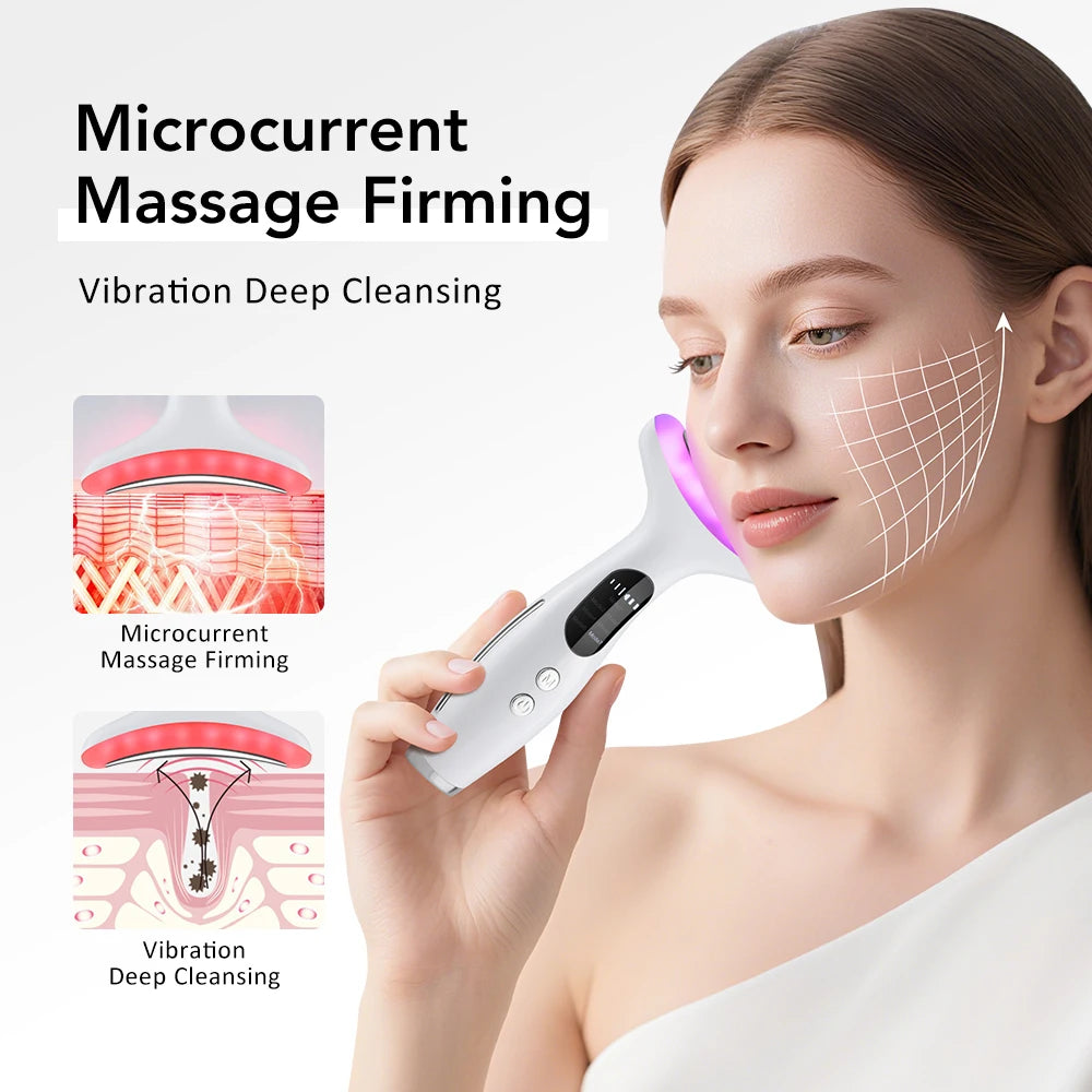 Dispositivo de belleza facial con luces LED de 7 colores, masaje con vibración EMS, mejora las líneas del cuello, máquina herramienta de estiramiento facial antiarrugas