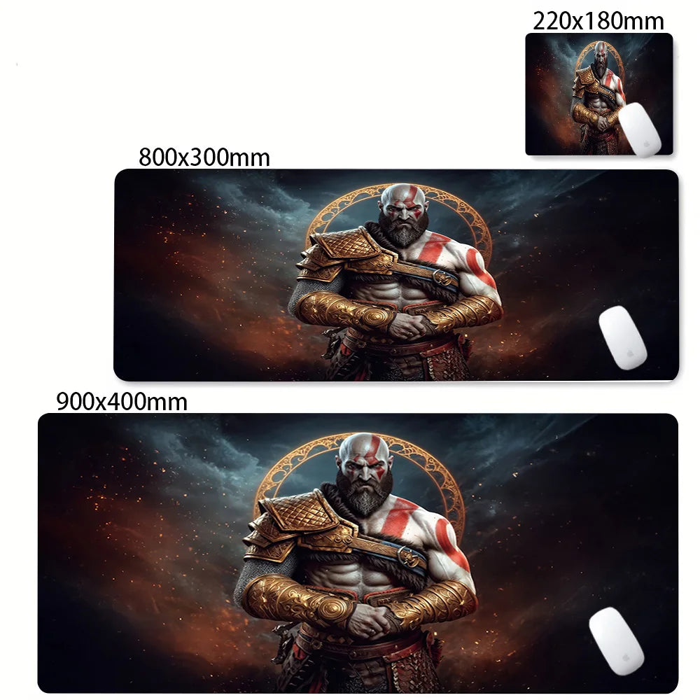 Alfombrilla de escritorio para teclado de ordenador, diseño de God of War Kratos, alfombrilla de ratón gaming grande, caucho natural, bordes cosidos, base antideslizante, alfombrilla de escritorio.