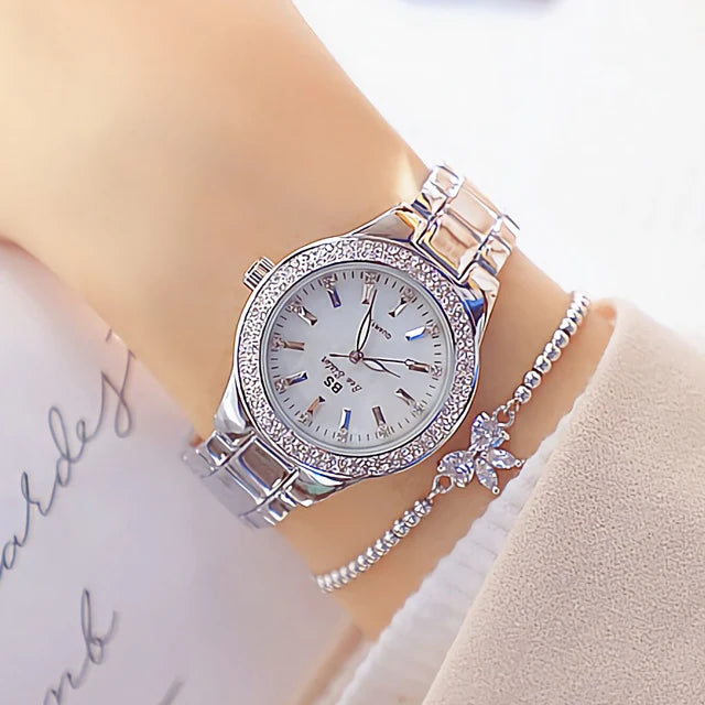 Relojes de pulsera para mujer, reloj de vestir dorado, reloj con diamantes de cristal, relojes de acero inoxidable plateados para mujer, Montre Femme