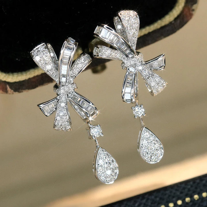 Aazuo, joyería de lujo, oro blanco de 18 quilates, diamantes naturales de 0,75 quilates, pendientes con lazo a la moda para niña, regalo de moda, Au750 fino