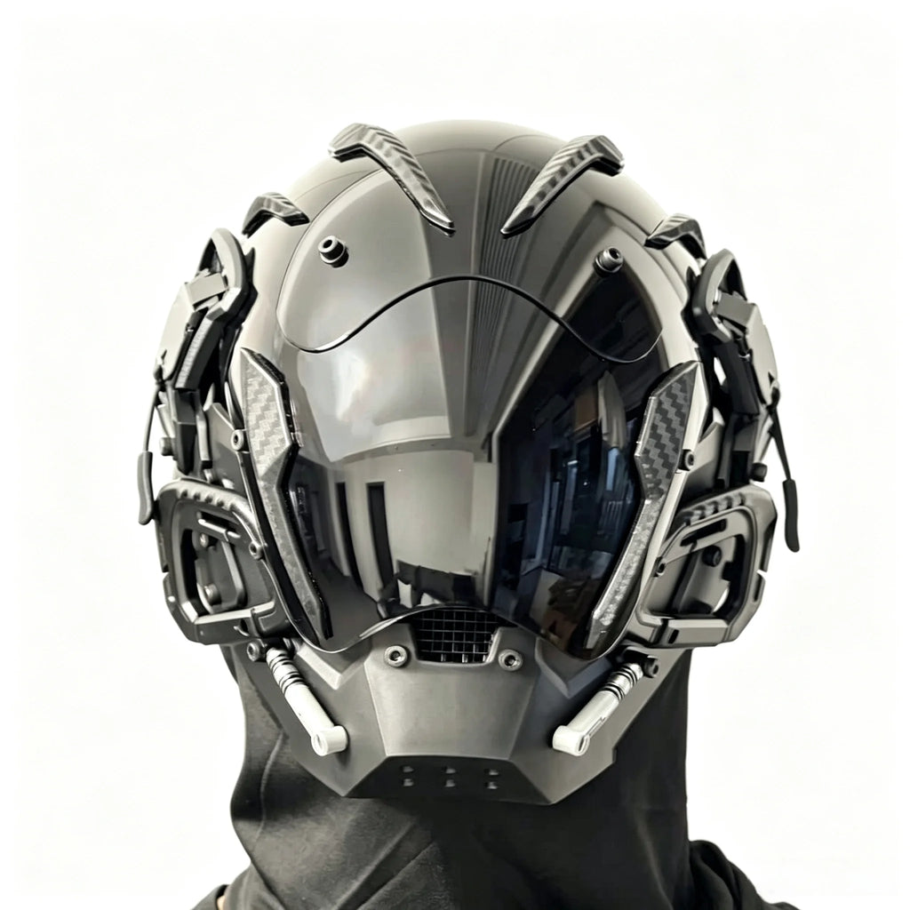 Máscara de estilo cyberpunk de inspiración científica y futurista, casco de cara completa que se puede llevar puesta, accesorio de disfraz para eventos, Halloween y sesiones de fotografía temáticas.