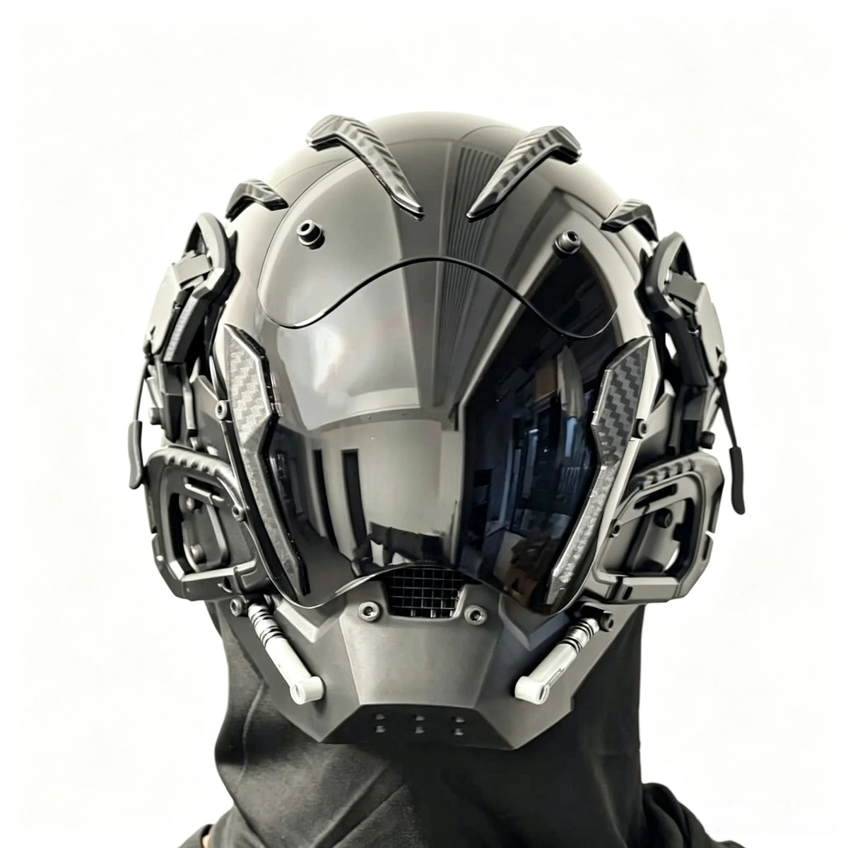 Máscara de estilo cyberpunk de inspiración científica y futurista, casco de cara completa que se puede llevar puesta, accesorio de disfraz para eventos, Halloween y sesiones de fotografía temáticas.