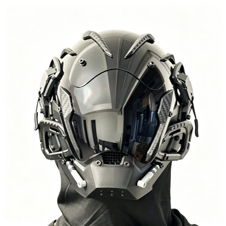 Máscara de estilo cyberpunk de inspiración científica y futurista, casco de cara completa que se puede llevar puesta, accesorio de disfraz para eventos, Halloween y sesiones de fotografía temáticas.
