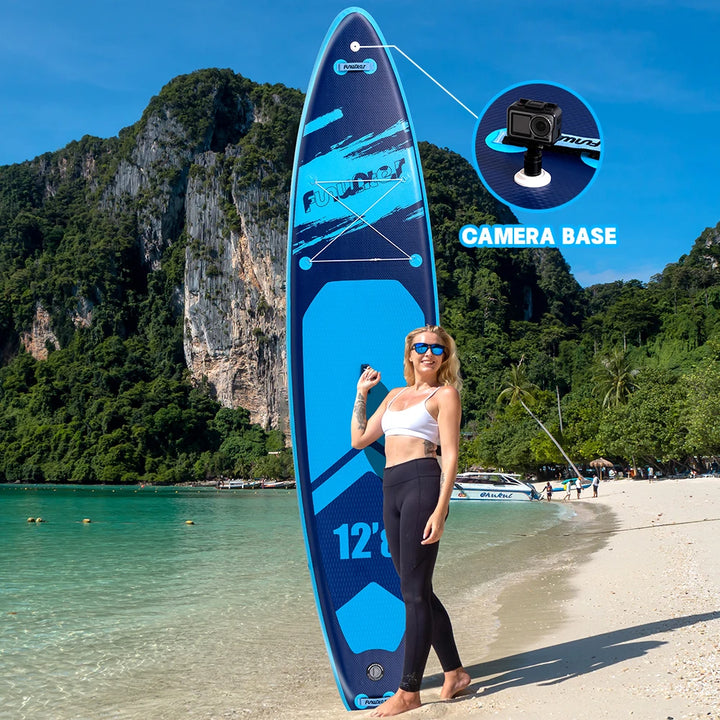 Tabla de paddle surf inflable Funwater (385x85x15 cm), capacidad de carga de 230 kg, superficie antideslizante, incluye 2 remos, 2 correas de seguridad, 2 bolsas impermeables, soporte para GoPro, bomba de aire y mochil