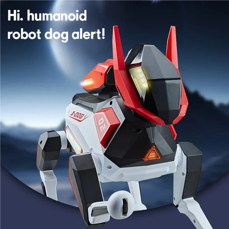 Perro robot biónico blanco y rojo, con orejas altas y panel frontal iluminado
