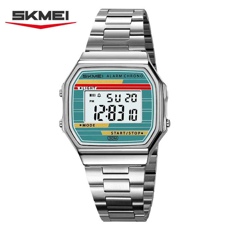 SKMEI Stainless Steel Watch for Men LED Men's Digital Wristwatches Light Retro Square Gold Case Stopwatch Alarm Classic Reloj