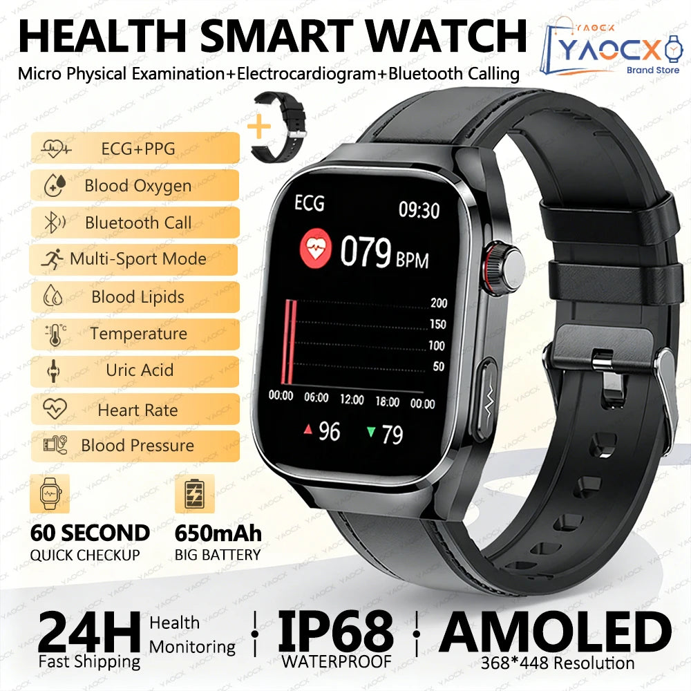 Reloj inteligente para hombre 2026, nuevo modelo con medición de ácido úrico y lípidos en sangre, ECG+PPG, presión arterial, frecuencia cardíaca, llamadas Bluetooth, reloj inteligente de salud