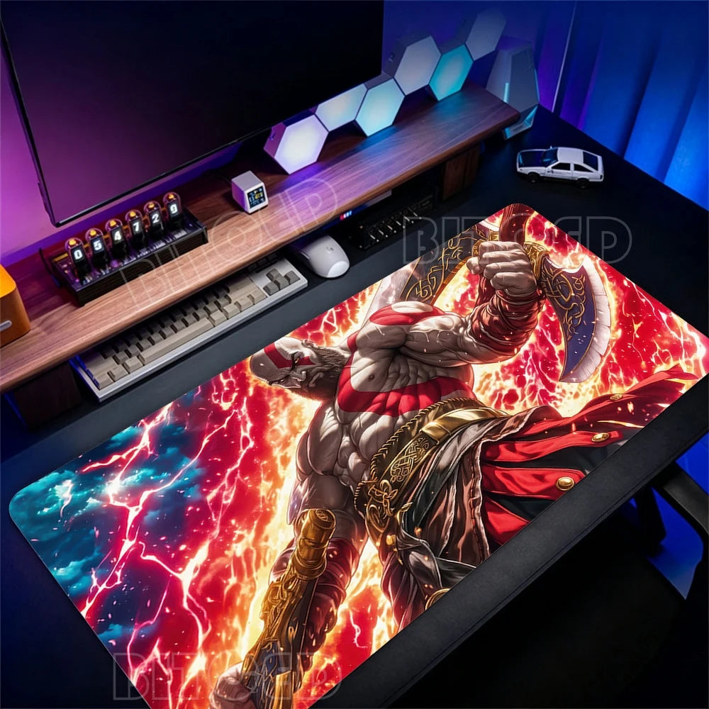 Alfombrilla de escritorio para teclado de ordenador, diseño de God of War Kratos, alfombrilla de ratón gaming grande, caucho natural, bordes cosidos, base antideslizante, alfombrilla de escritorio.