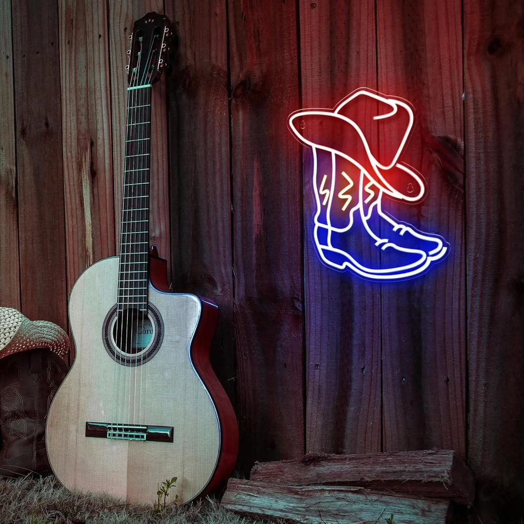 Cartel de neón LED de botas vaqueras y sombrero, estilo western, naranja y azul