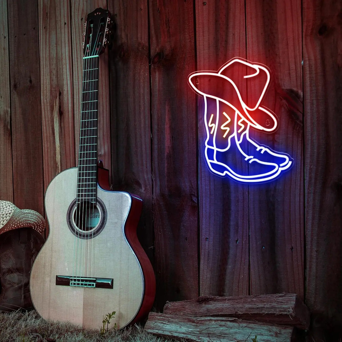 Cartel de neón LED de botas vaqueras y sombrero, estilo western, naranja y azul