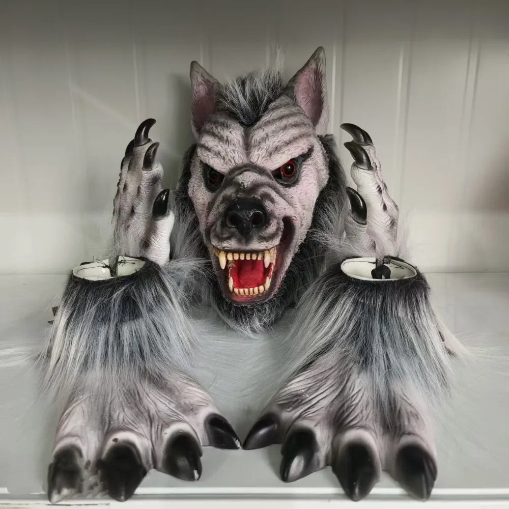 Kit de Disfraz de Cosplay de Hombre Lobo Talla Única para Halloween, Máscara de Lobo de Terror, Garras, Guantes, Disfraz para Juego de Roles, Broma, Fiesta de Cosplay