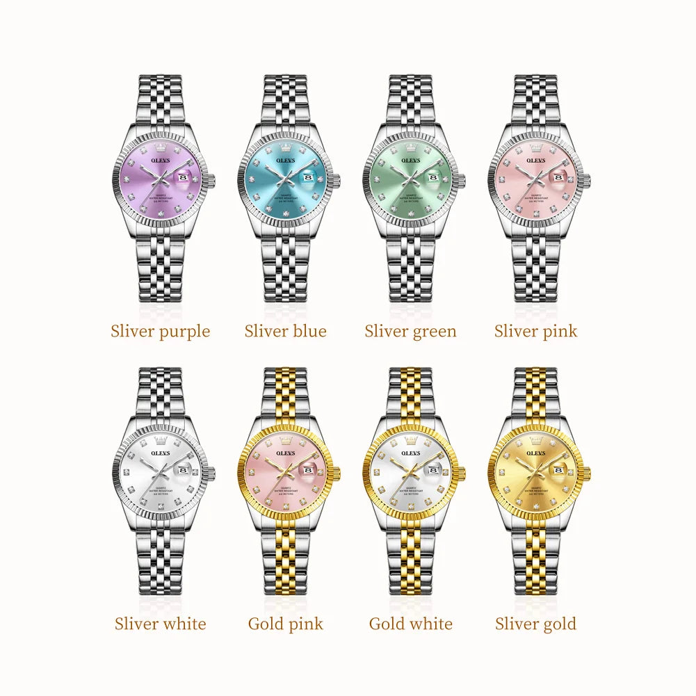 OLEVS Women's Watches Trend Fashion Silver Stainless Steel Original Brand Wristwatch Big Date Texture Threaded Bezel Waterproof