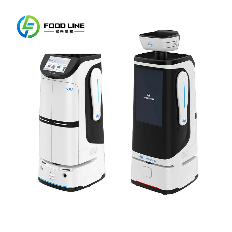 Robot de servicio automático con pantalla, cuerpo blanco y zonas negras laterales