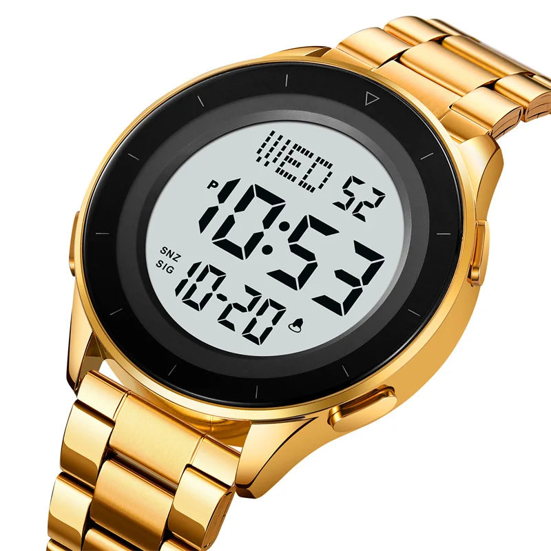 Reloj de pulsera digital LED con doble zona horaria Skmei, correa de acero de lujo, resistente al agua 3Bar, reloj deportivo militar para hombre con alarma