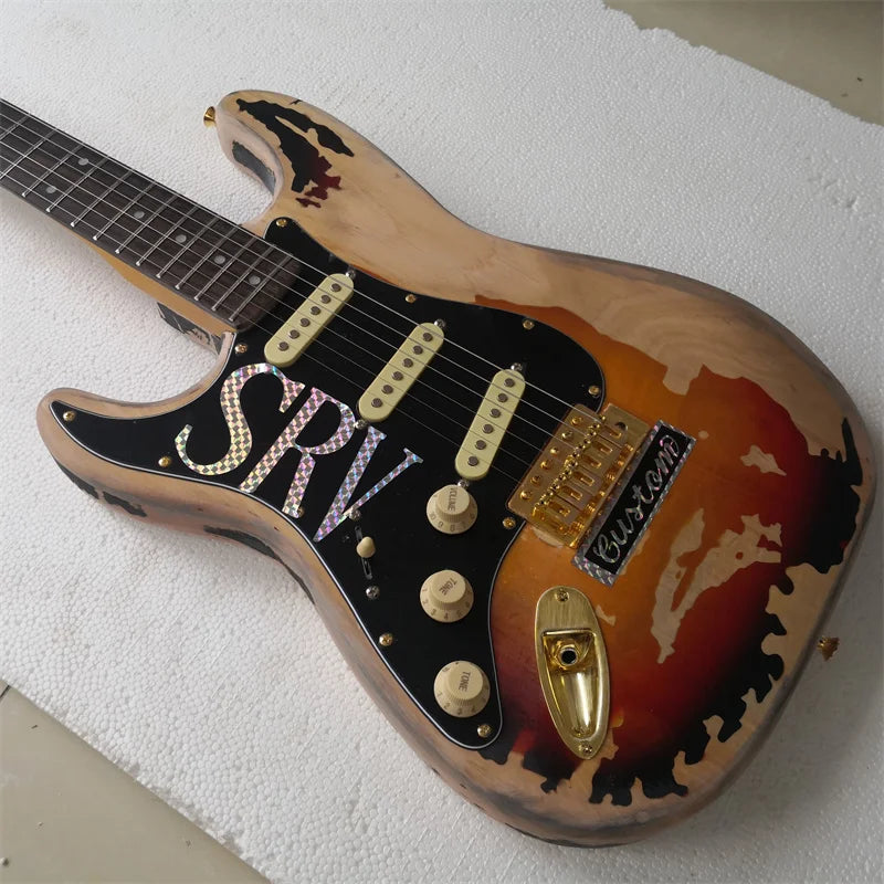 Guitarra eléctrica de 6 cuerdas para zurdos con acabado mate desgastado y pickguard negro, estilo vintage
