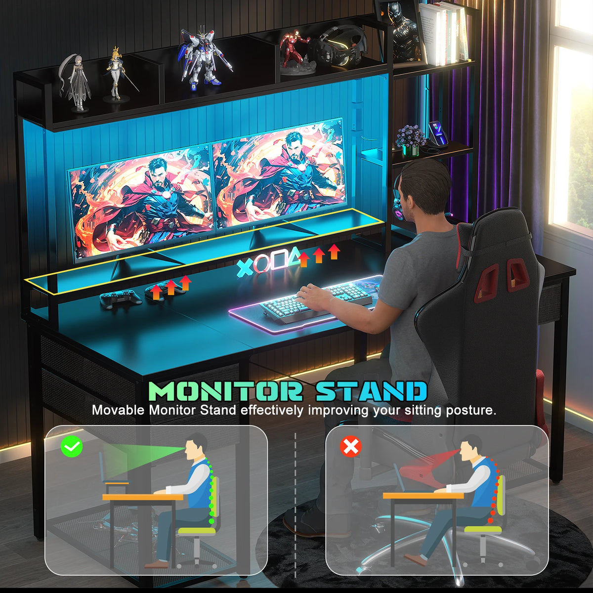 Escritorio gamer negro con luces LED y espacio para monitores, estantería superior
