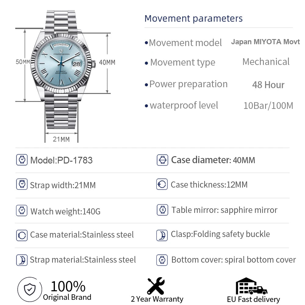 PAGANI DESIGN 2026 Nuevo reloj DD40 NH36A para hombre, reloj mecánico automático de lujo, cristal de zafiro AR, reloj de pulsera con fecha para hombre