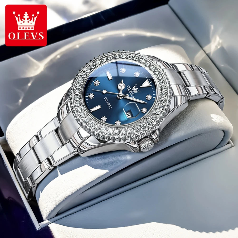 Relojes originales elegantes para mujer OLEVS 9945, reloj de cuarzo, resistente al agua, luminoso, con fecha automática, reloj para dama, regalo, bisel con diamantes