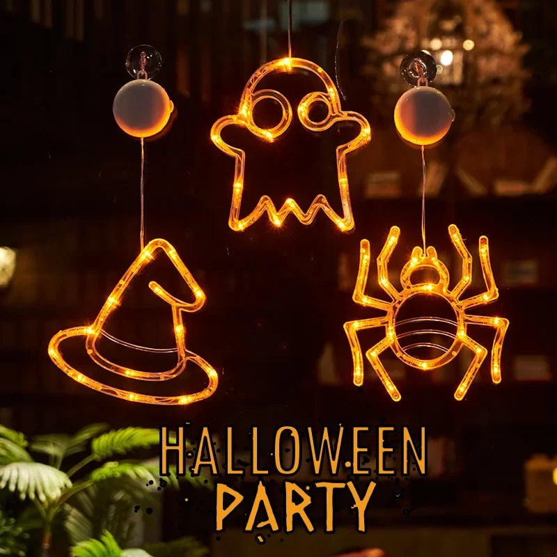 Decoración de Halloween, fantasma de calabaza naranja, luz de ventana de Halloween con ventosa, funciona con pilas, decoración colgante para el hogar de Halloween