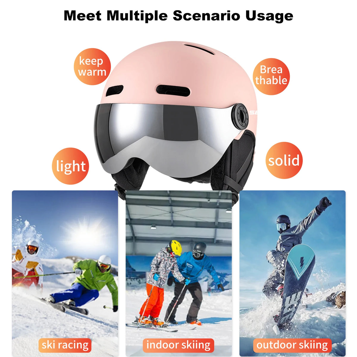 SEEKER Casco de Esquí para Deportes de Invierno, Casco con Espejo Integrado, Anti-Impacto, para Adultos, para Tabla Simple y Doble, Casco de Seguridad para Esquí al Aire Libre