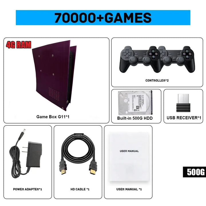 Consola de videojuegos retro G11, disco duro de 500 GB, con más de 70 000 juegos, salida de alta definición 4K, más de 60 emuladores, compatible con Xbox y Wii, y con mando inalámbrico.