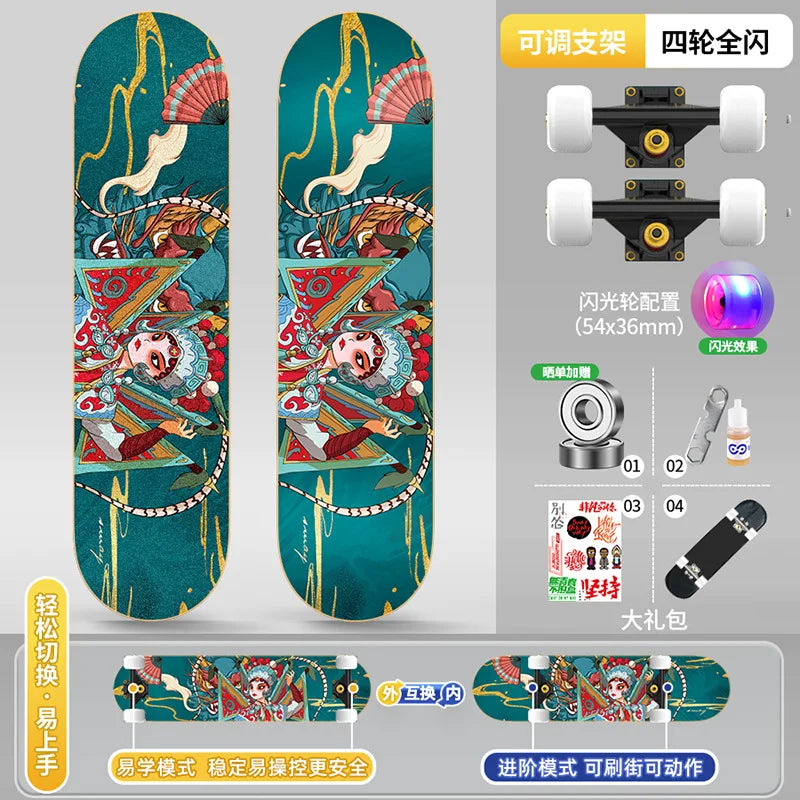 Patineta de 4 Ruedas con Doble Amortiguación para Adultos, Profesional para Principiantes, Resistente a Arañazos y Duradera para Trucos