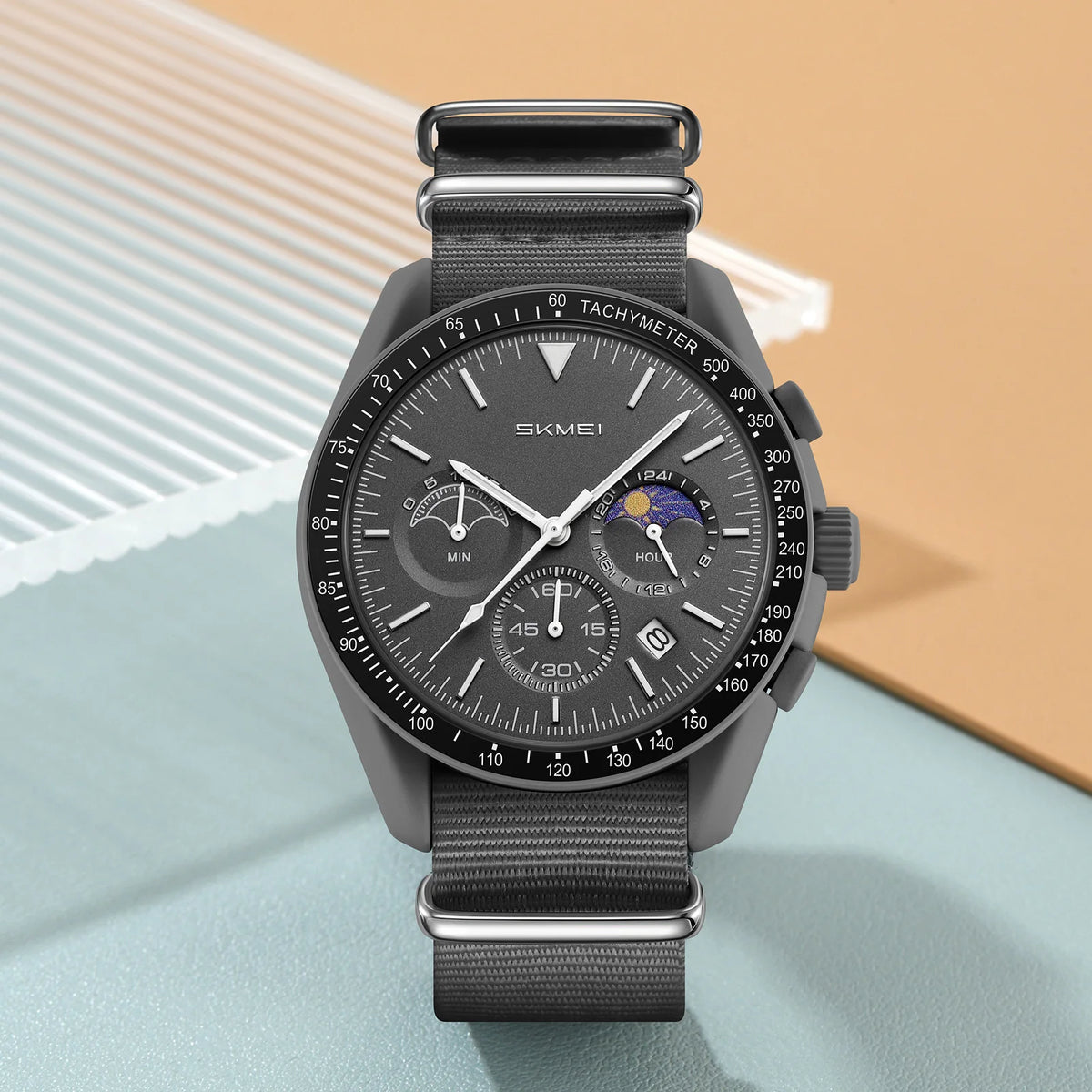Reloj de cuarzo para hombre SKMEI 9392, resistente al agua 30M, reloj juvenil de moda para hombre, subesferas con diseño de sol y luna, correa de nailon, temporizador de cuenta regresiva
