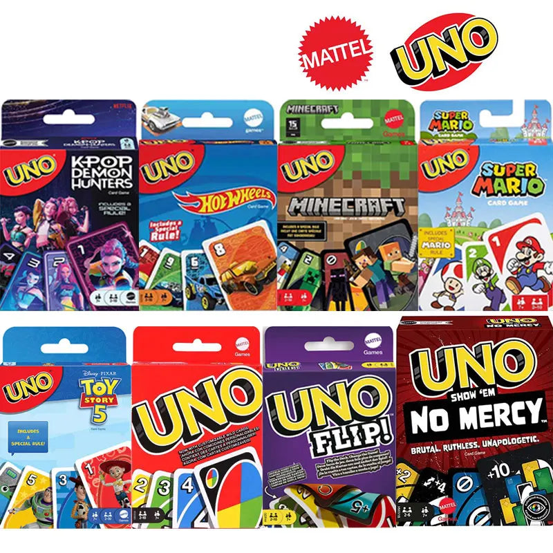 Mattel Games UNO Flip! Juego de mesa, cartas de juego, Hot Wheels, No Mercy, Super Mario, Toy Story, DOS, Minecraft, F1 de colección de élite