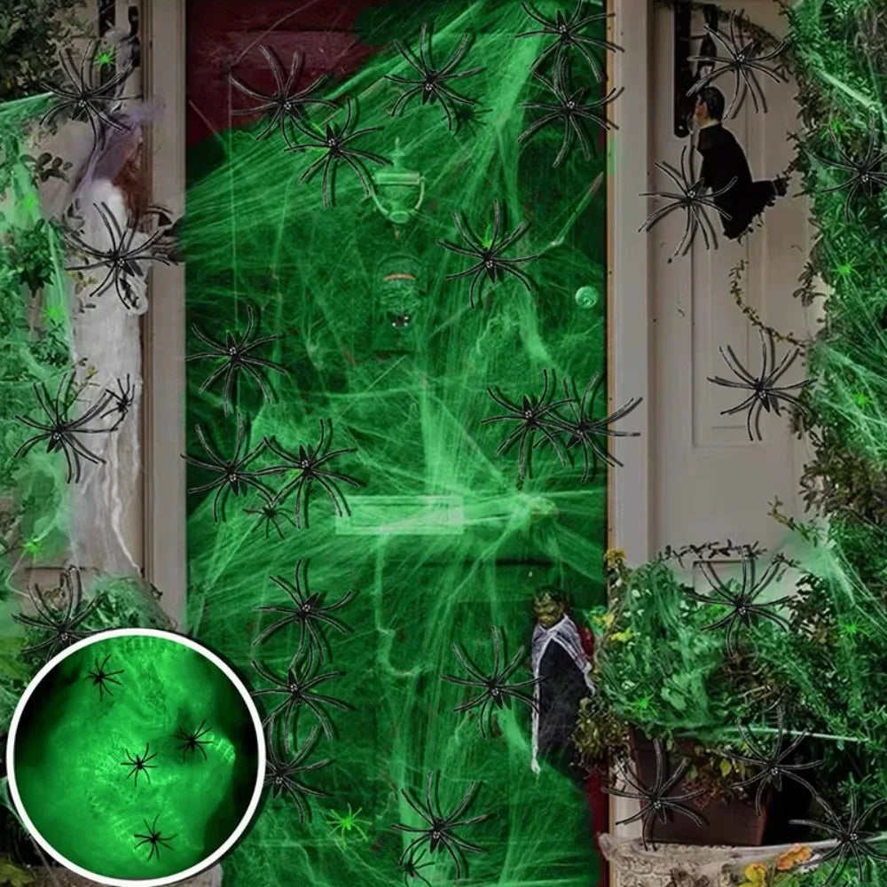 Decoración de Halloween con telarañas que brillan en la oscuridad, telarañas de algodón elásticas con arañas de imitación, decoración reutilizable para crear un ambiente de fiesta en una casa encantada.