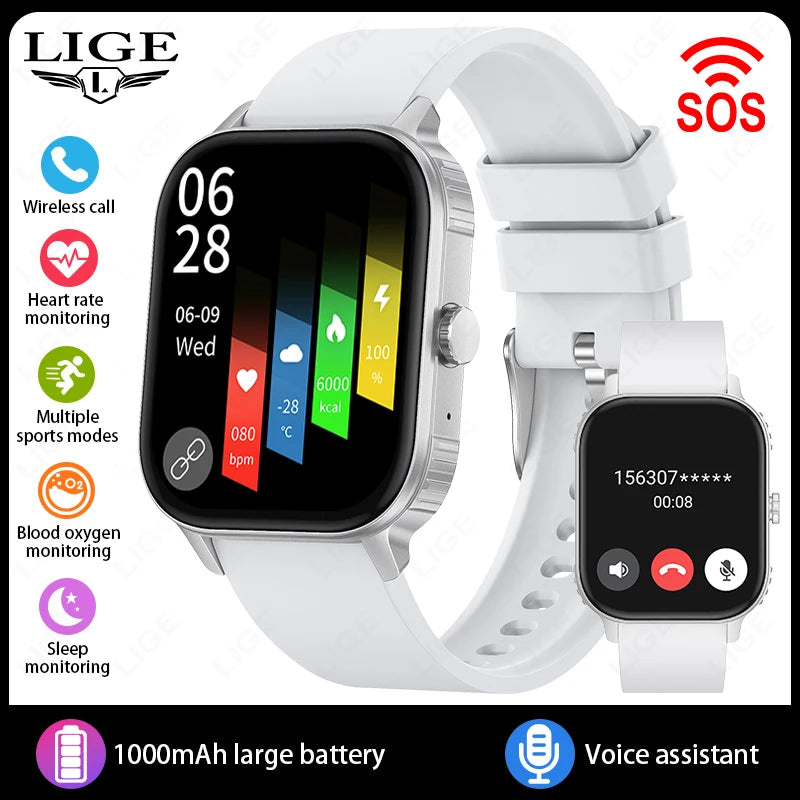 Reloj inteligente LIGE con batería de 1000mAh para mujer, monitoreo de frecuencia cardíaca y sueño, llamadas Bluetooth, resistente al agua IP68, reloj inteligente para hombre compatible con Android e iOS