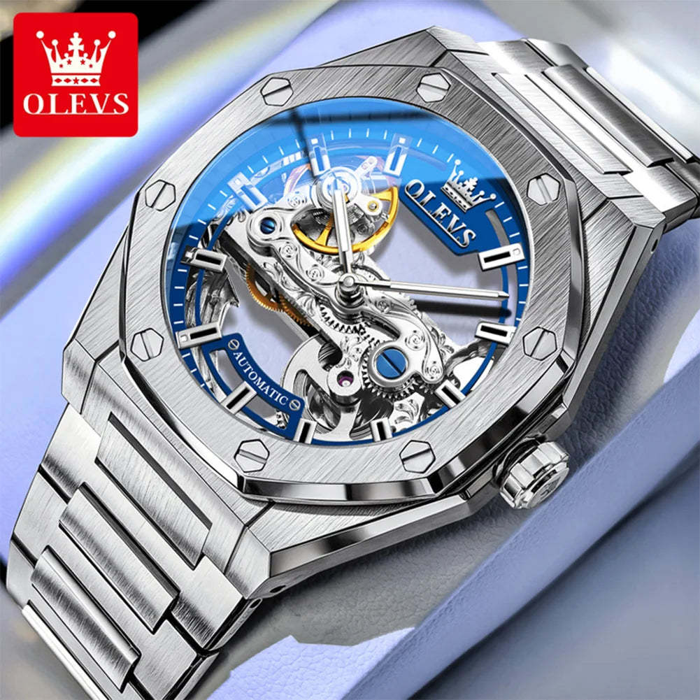 Reloj mecánico automático para hombre OLEVS, marca de lujo, esfera calada tipo esqueleto octogonal, superluminescente, reloj masculino de negocios y deportivo 6742