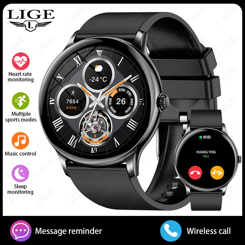 Reloj inteligente LIGE de acero de lujo para hombre, pantalla táctil completa, llamadas Bluetooth, monitor de frecuencia cardíaca y sueño, voz por IA, resistente al agua IP68.