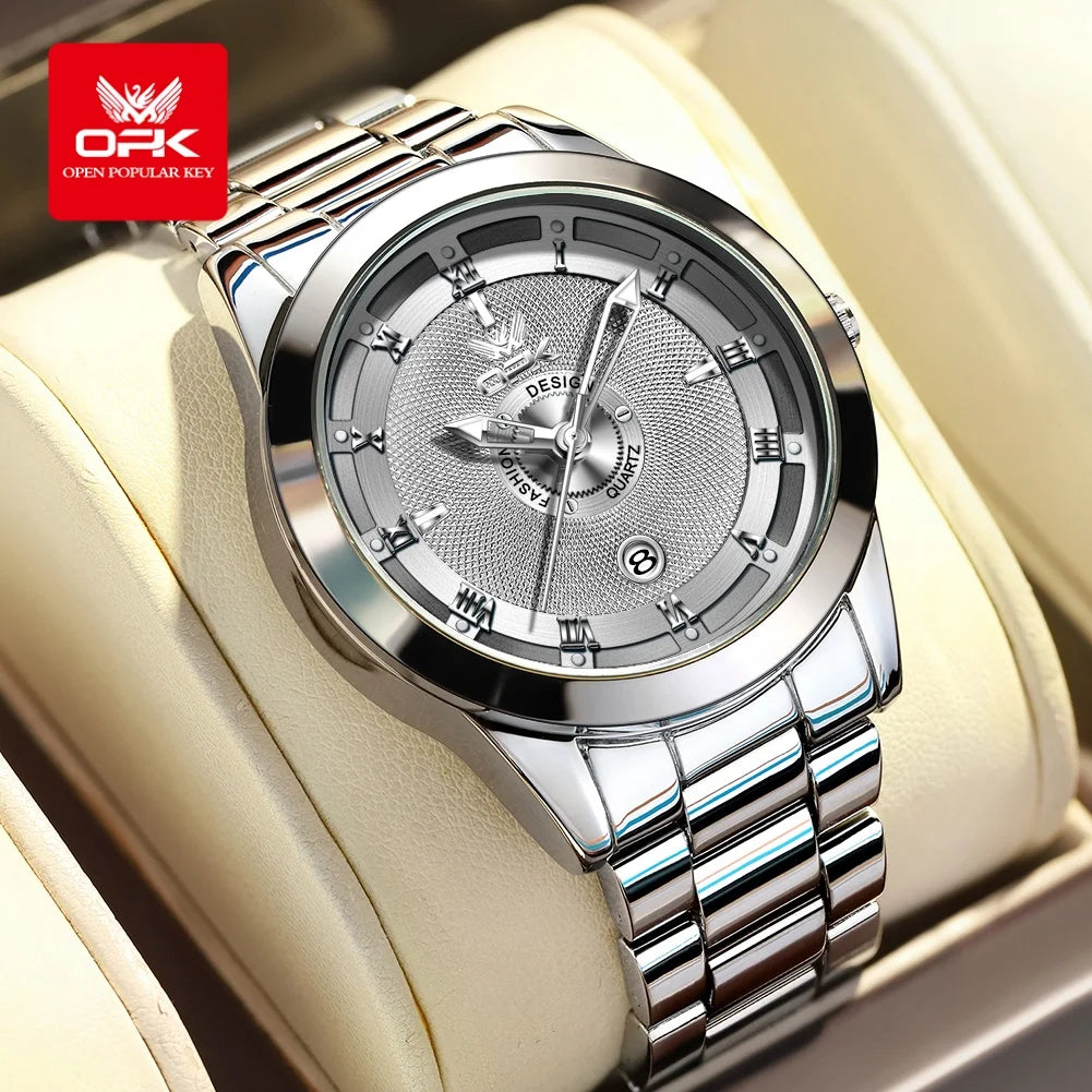 Reloj de cuarzo OPK 6056 para hombre, con números romanos, acero inoxidable, resistente al agua, calendario, luminoso, de alta calidad y original.