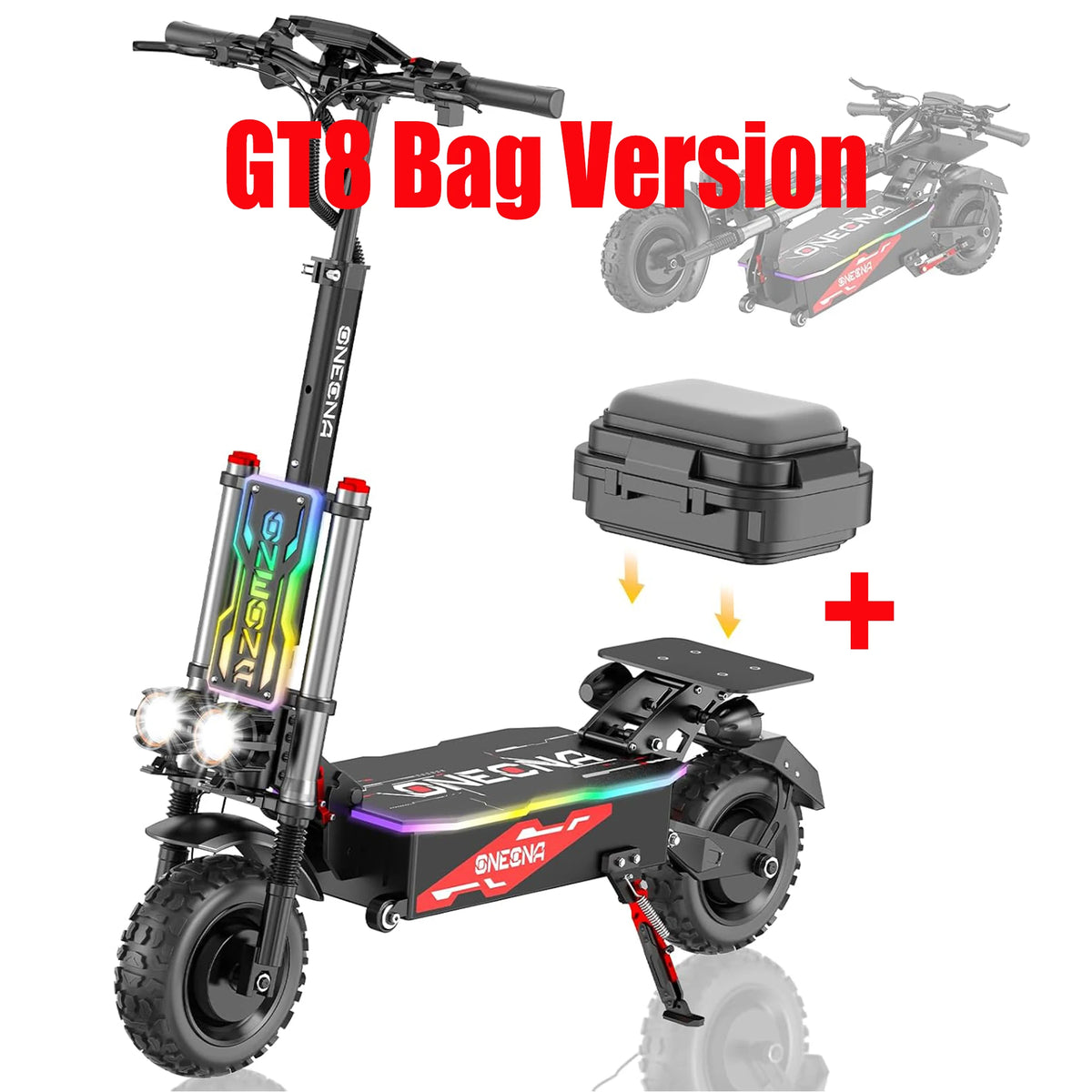 Patinete eléctrico negro GT8 con bolsa superior y luces frontales, vista lateral