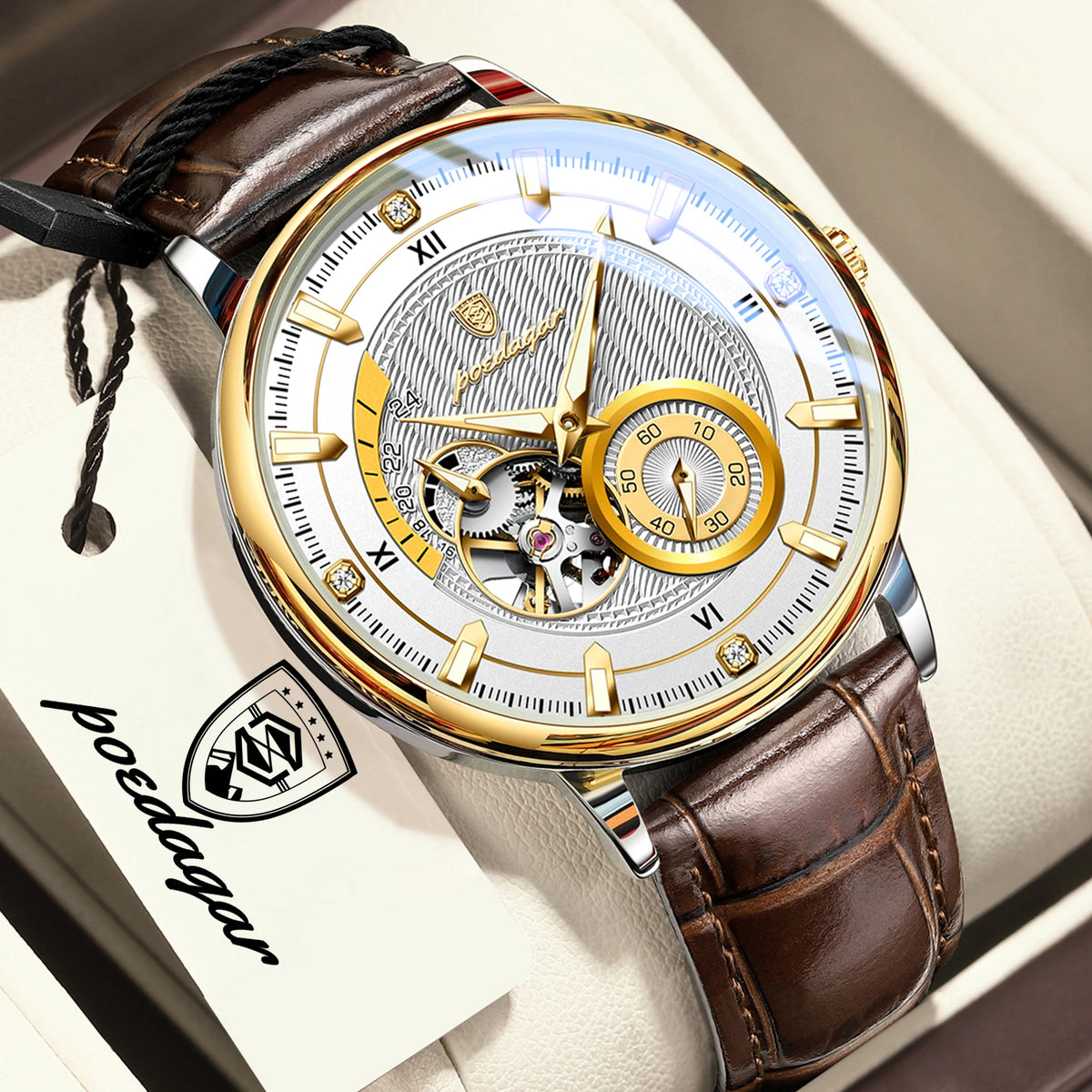 Reloj POEDAGAR de moda para hombre, luminoso, resistente al agua, con tourbillon hueco, correa de piel, reloj mecánico automático deportivo para caballero