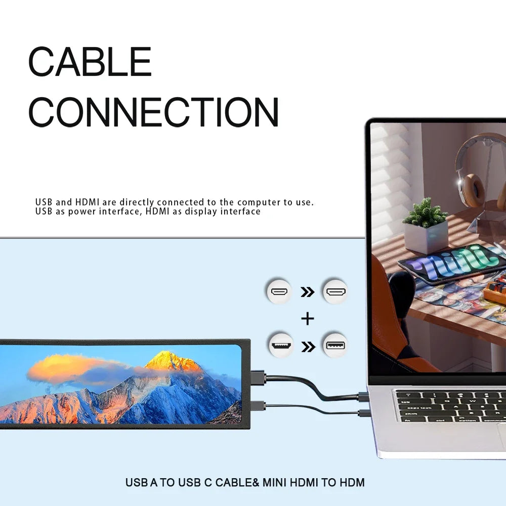 Monitor portátil de 11,3 pulgadas, pantalla IPS estirada de 440 × 1920 para temperatura de CPU y GPU, no compatible con gráficos integrados AMD