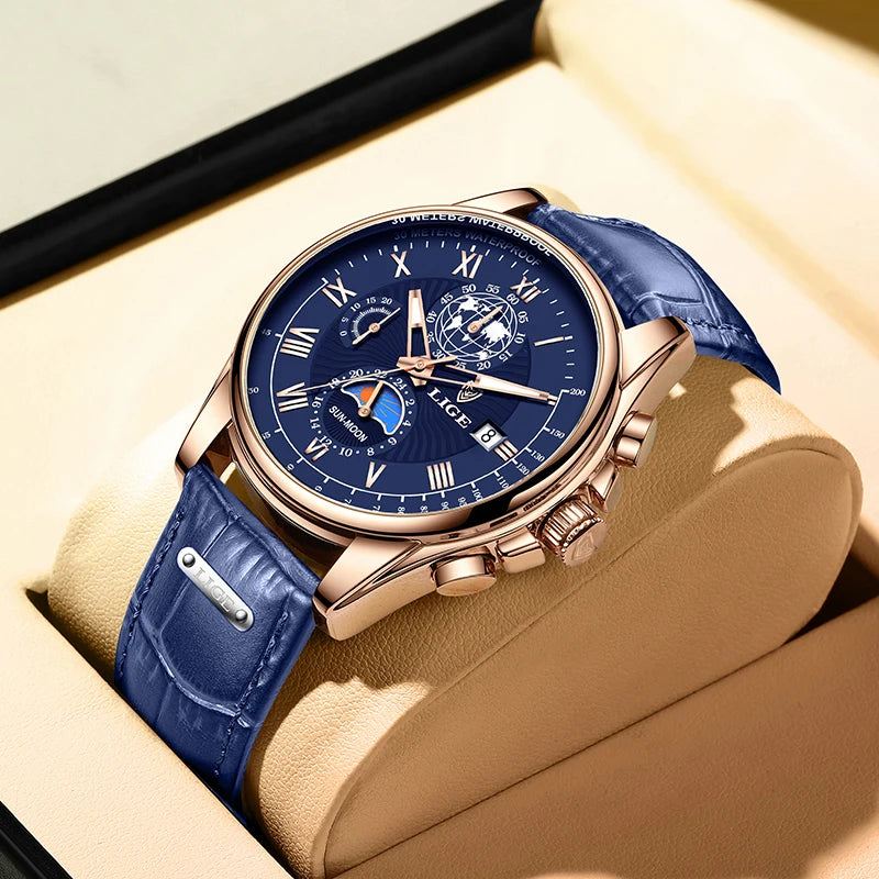 Reloj de hombre LIGE 2026, reloj de pulsera de lujo de marca superior, reloj de cuarzo con correa de piel, reloj deportivo impermeable para hombre + caja