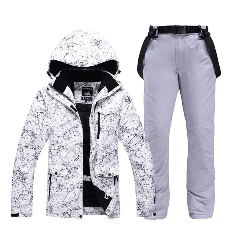 -30 Conjuntos de trajes de nieve blancos para hombres o mujeres Ropa de invierno al aire libre Ropa de snowboard Disfraces impermeables Chaqueta de esquí + Baberos de pantalón de nieve