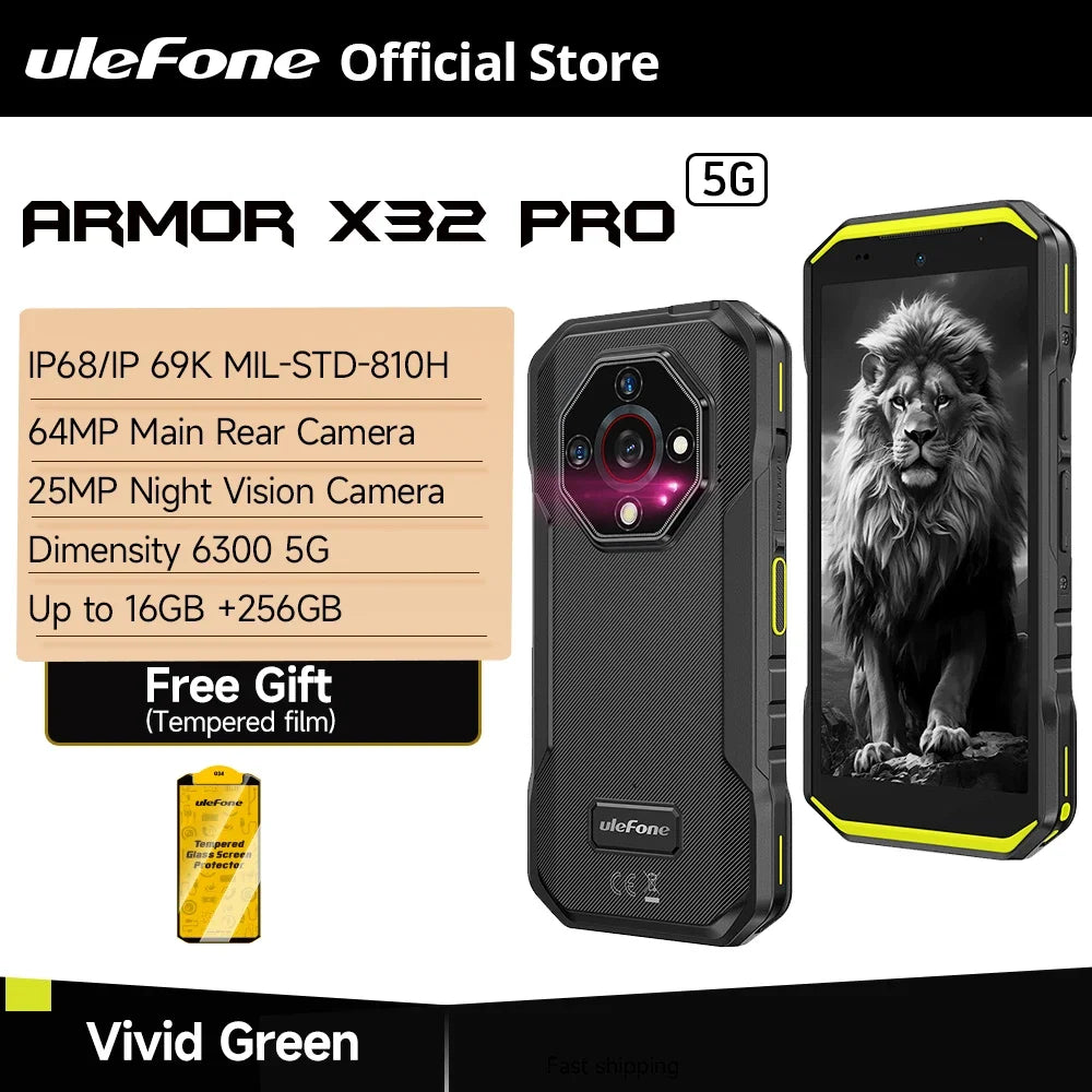 Ulefone Armor X32 Pro 5G Teléfono Robusto Android 14 16GB+256GB Dimensity 6300 Octa Core Cámara 64MP NFC IP68/IP69K Resistente al agua