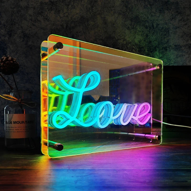Lámpara de neón LED 3D Love con luz azul y rosa en marco acrílico transparente