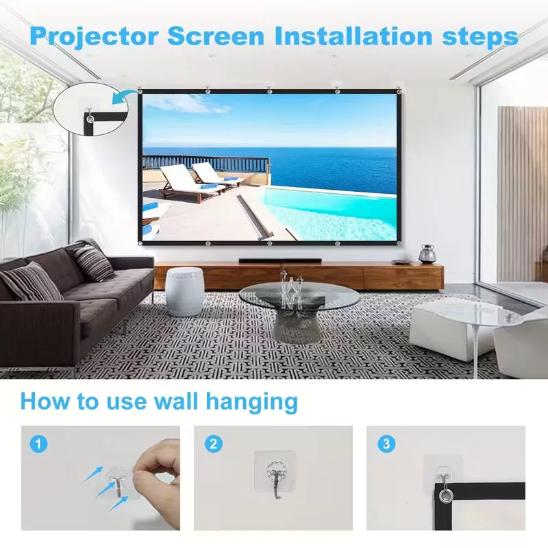 Pantalla de proyector con pasos de instalación y fijación en pared