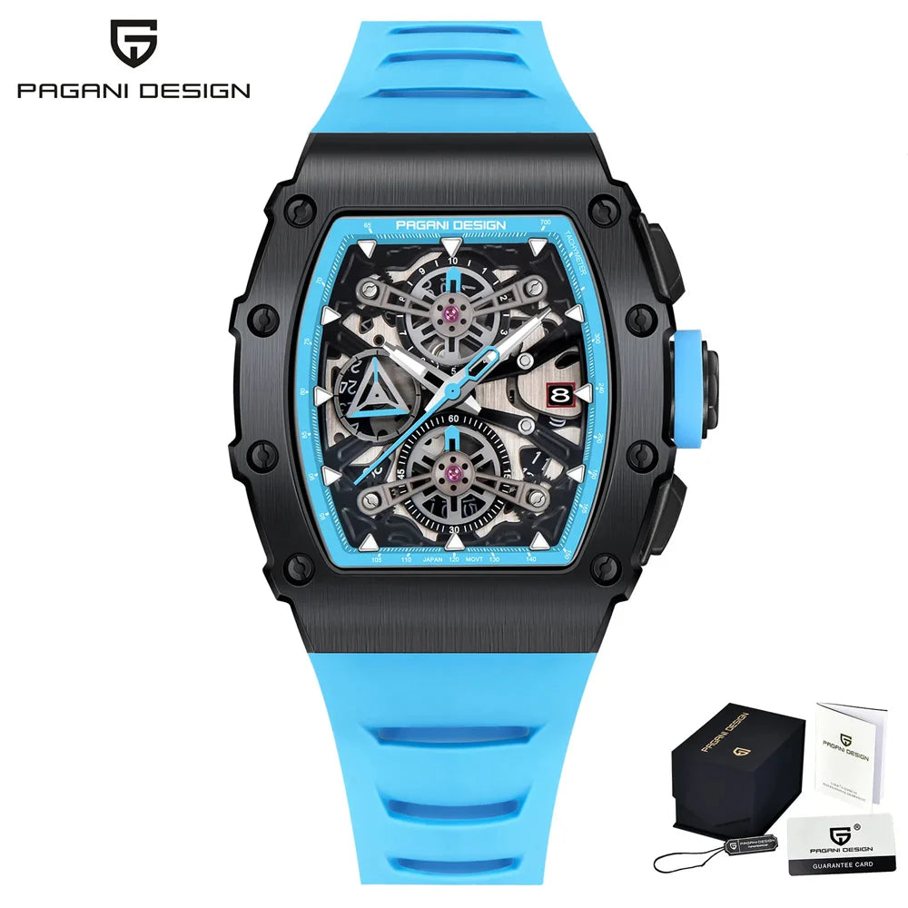 Pagani Design Men's Quartz Watches Japan Movt Skeleton Dial Waterproof Sport Rectangle Sapphire Glass Chronograph Watch For Men