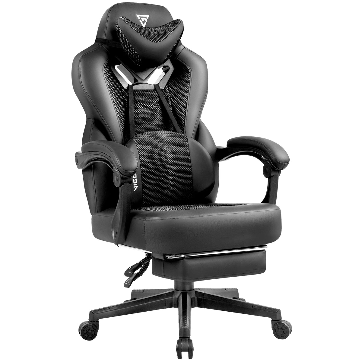 Silla de gaming negra con reposacabezas alto, almohadilla lumbar y base giratoria 360°