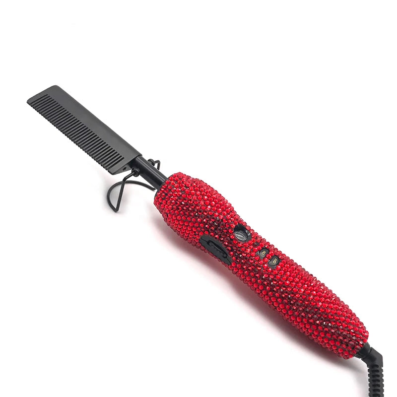 Peine Eléctrico Caliente para Pelucas Lace Front, Peine Alisador con Diamantes Anti-Quemaduras y 5 Temperaturas Ajustables