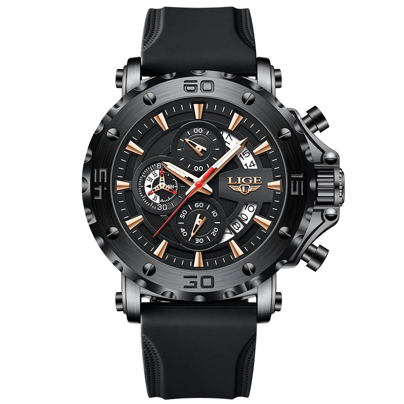 Nuevo reloj deportivo original LIGE para hombre, resistente al agua, luminoso, con cronógrafo y fecha, reloj de cuarzo con correa de silicona