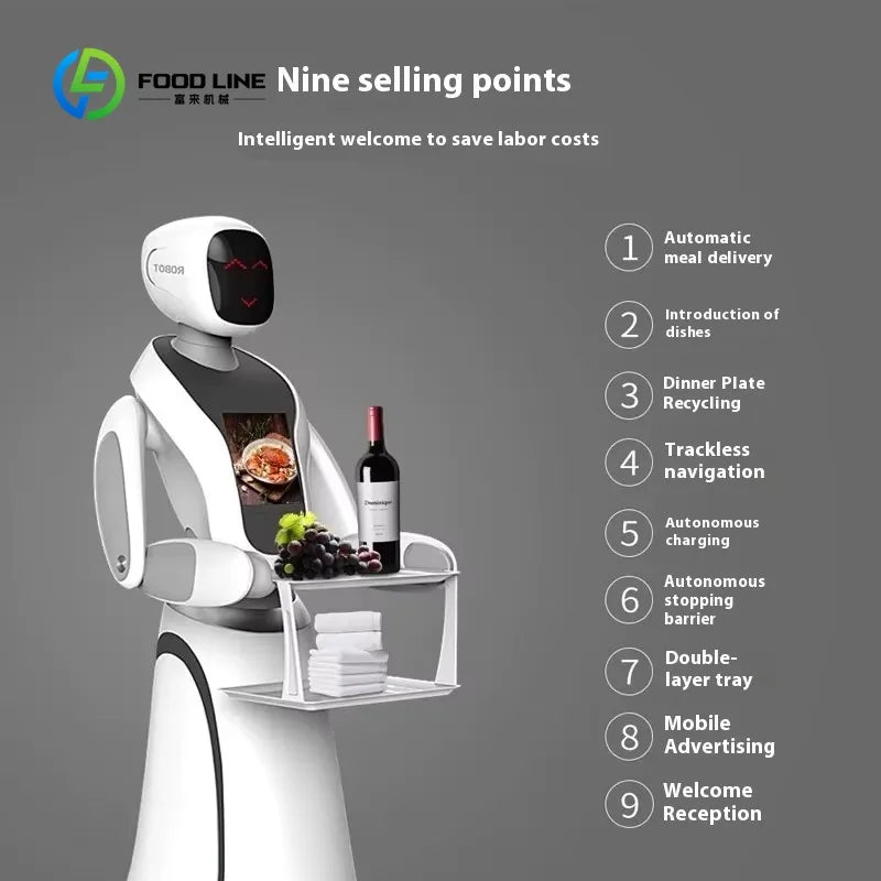 Robot camarero automático blanco con bandeja doble y pantalla negra frontal