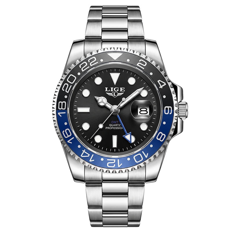 LIGE Top Brand Fashion Men GMT Quartz Watch Luxury Stainless Steel Waterproof Luminous Date Business Mens Watches Reloj Hommes