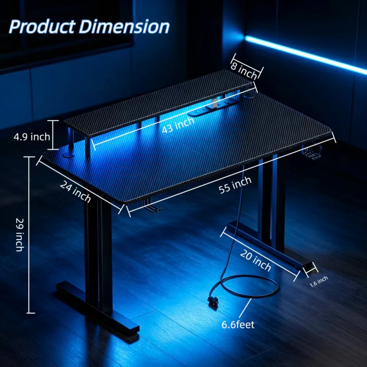 Escritorio gamer rectangular con superficie texturizada y luces LED RGB, medidas visibles